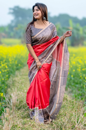 Red Soft Tussar Silk Zari Woven Saree