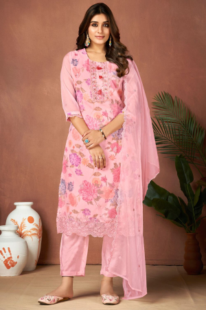 Rose Pink Embroidered Organza Readymade Pant Kameez