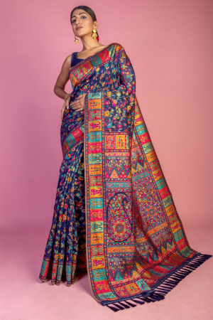 Royal Blue Kashmiri Pashmina Handloom Weaving Work Saree