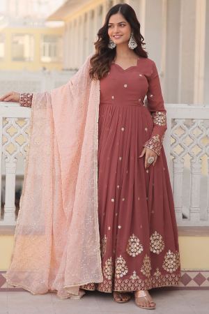 Rust Brown Faux Georgette Anarkali Gown with Dupatta