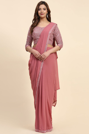 Salmon Pink Embellished Pure Georgette Ready to Wear Saree