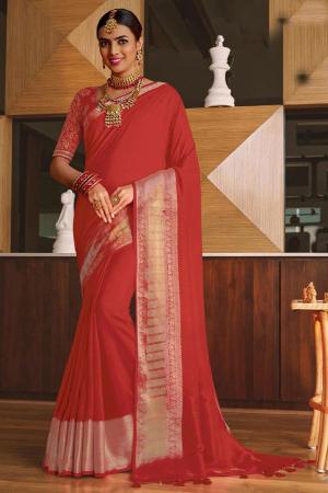 Scarlet Red Silk Saree with Embroidered Blouse