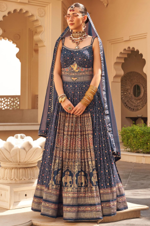 Slate Blue and Beige Designer Silk Gown with Net Dupatta