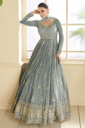 Smoke Grey Embroidered Viscose Jacquard Gown with Dupatta