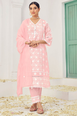 Soft Pink Cotton Embroidered Pant Kameez Suit