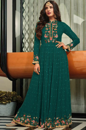 Buy Party Wear Green Foil Work Net Long Full Flare Anarkali Gown Online