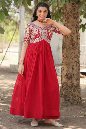 Tangy Red Sequins Embroidered Georgette Anarkali Gown