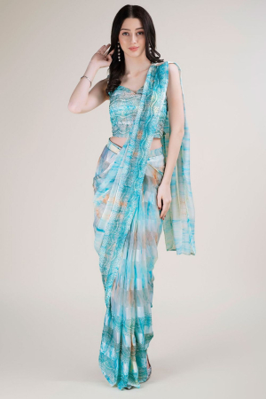 Teal Blue Embellished Satin Silk Ready to Wear Saree