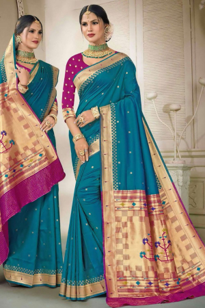 Teal Blue Silk Zari Woven Saree