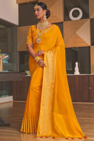 Turmeric Yellow Silk Saree with Embroidered Blouse