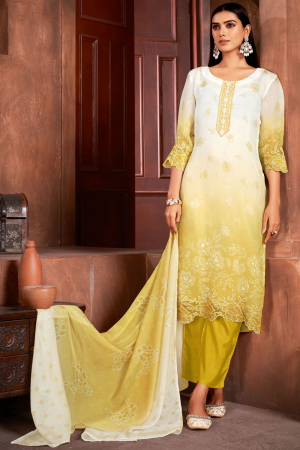 White and Maize Yellow Pure Organza Readymade Pant Kameez