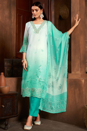 White and Sea Green Pure Organza Readymade Pant Kameez