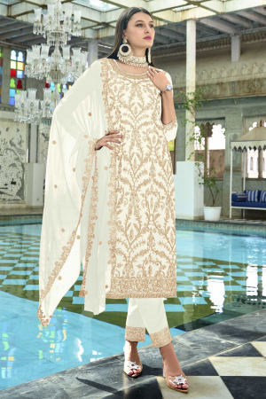 White Embroidered Faux Georgette Pant Kameez