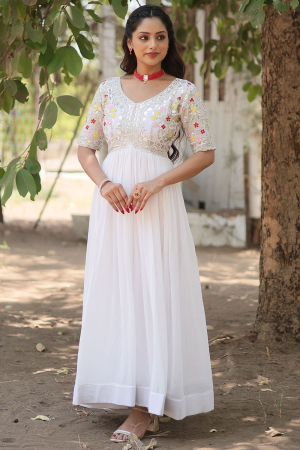 White Sequins Embroidered Georgette Anarkali Gown