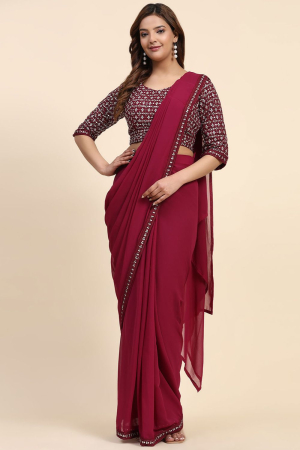 Wine Embellished Pure Georgette Ready to Wear Saree