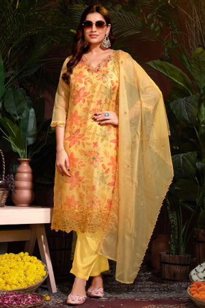 Yellow Embroidered Organza Readymade Pant Kameez