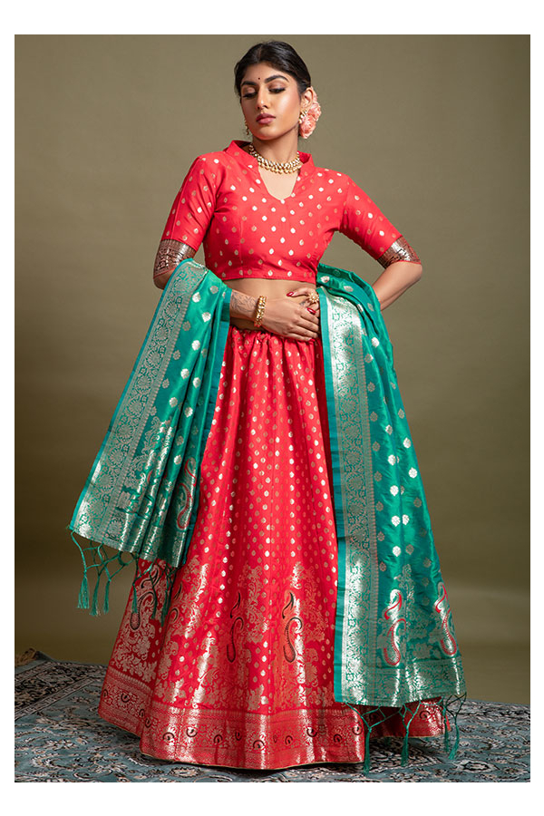 Banarasi Silk Satin Striped Orange Lehenga Set With Designer Blouse –  SILKFAB