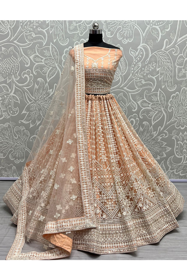 Soft Netted Peach Embroidery Sequenced Designer Lehenga Choli For Wedding  Wear – Kaleendi
