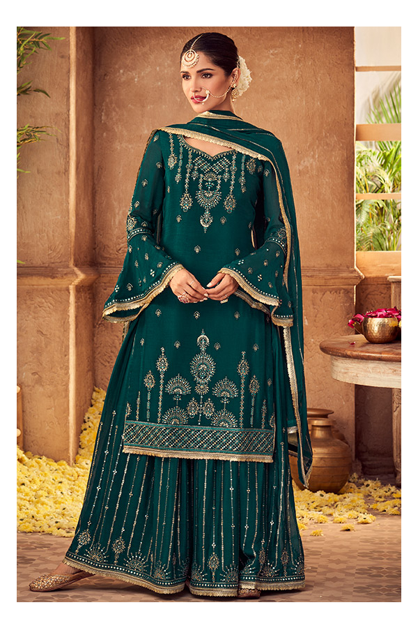 Peacock Green Embroidered Chinnon Palazzo Kameez