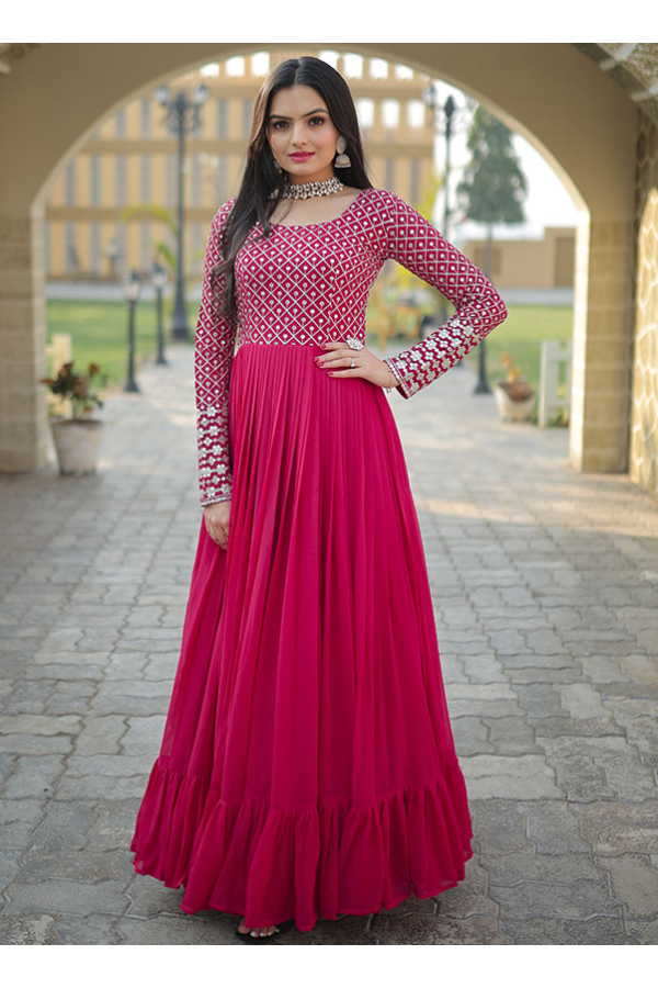RANI PINK+RED 6 LAYER CUTDANA LINE TIER DRESS WITH RED PALAZZO - EASE  CLOTHING - 3994463