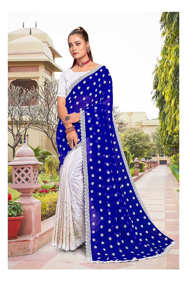 Elegant Yellow and Royal Blue Georgette Saree with Heavy Silk Blouse