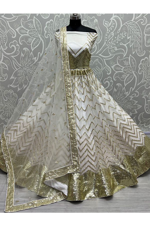 Off White Pure Silk Moti & Zarkan heavy embroidery Semi-Stitched Lehenga  choli & Dupatta - Panchhi Fashion - 4166997
