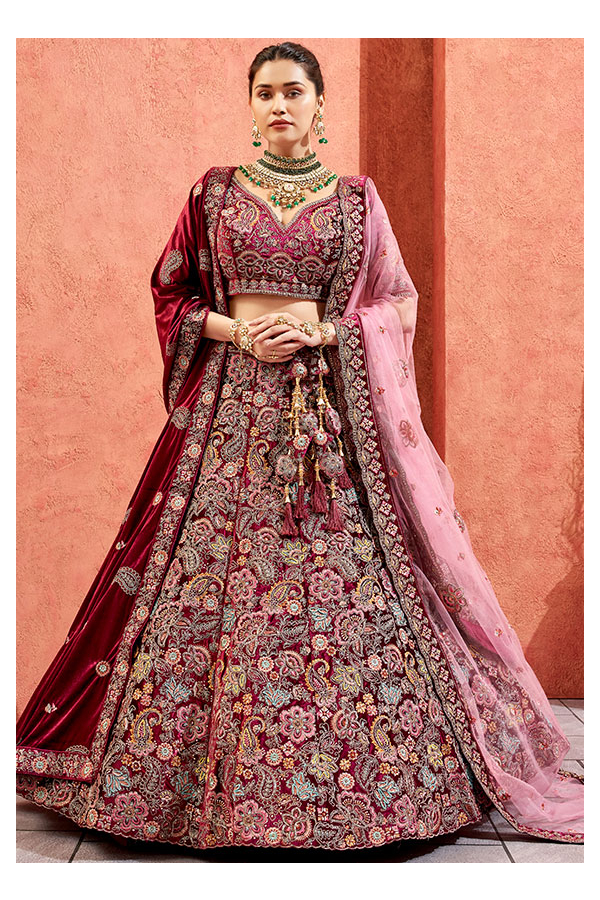 Shop Online 9000 Velvet Maroon Color Wedding Bridal Lehenga Choli With Double  Dupatta | Bridal lehenga red, Designer bridal lehenga choli, Indian bridal  outfits