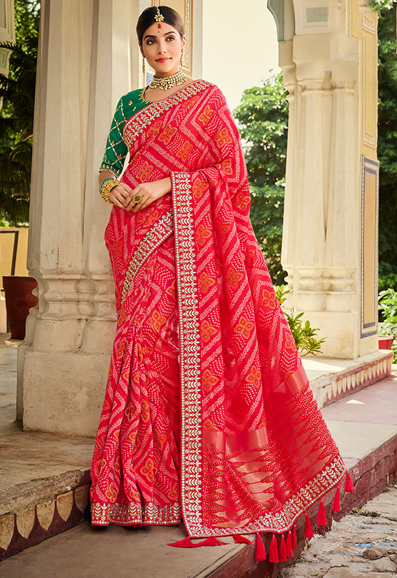 Buy Gajari Color Chiffon Saree With Flower Lace And Blouse at Amazon.in