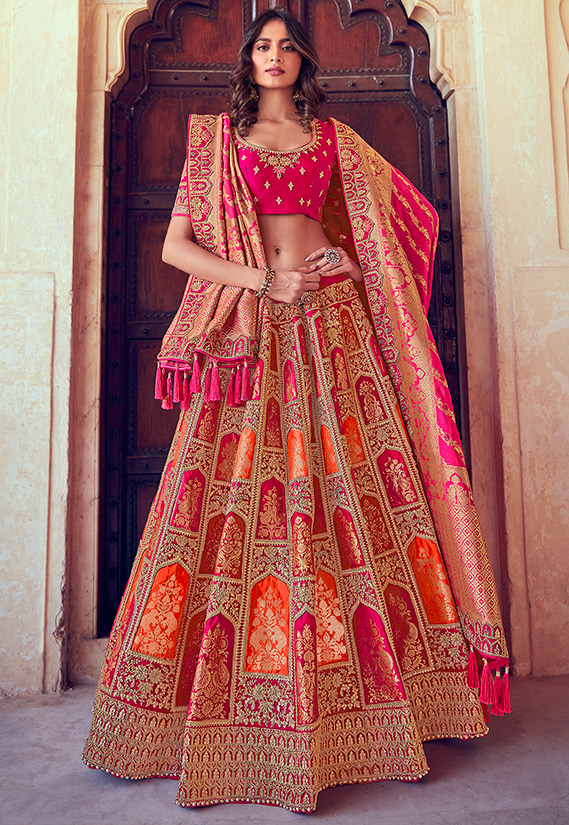 yellow pink and orange combo lehanga | Half saree designs, Indian bridal  outfits, Lehenga designs
