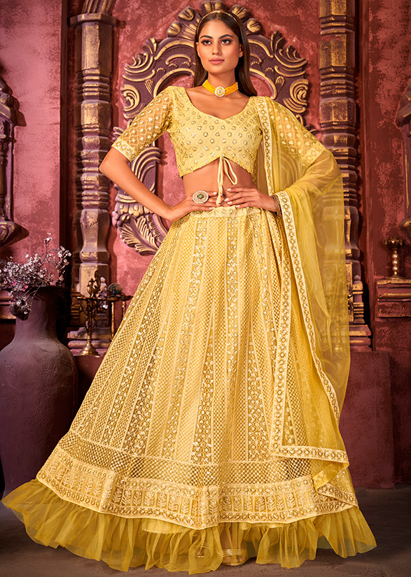 Buy Yellow Georgette Embroidered Paisley Lucknowi Bridal Lehenga Set For  Women by Surbhi shah Online at Aza Fashions.