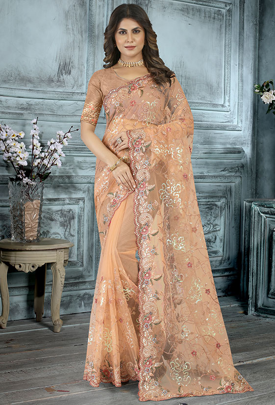 Apricot Resham Embroidered Net Saree
